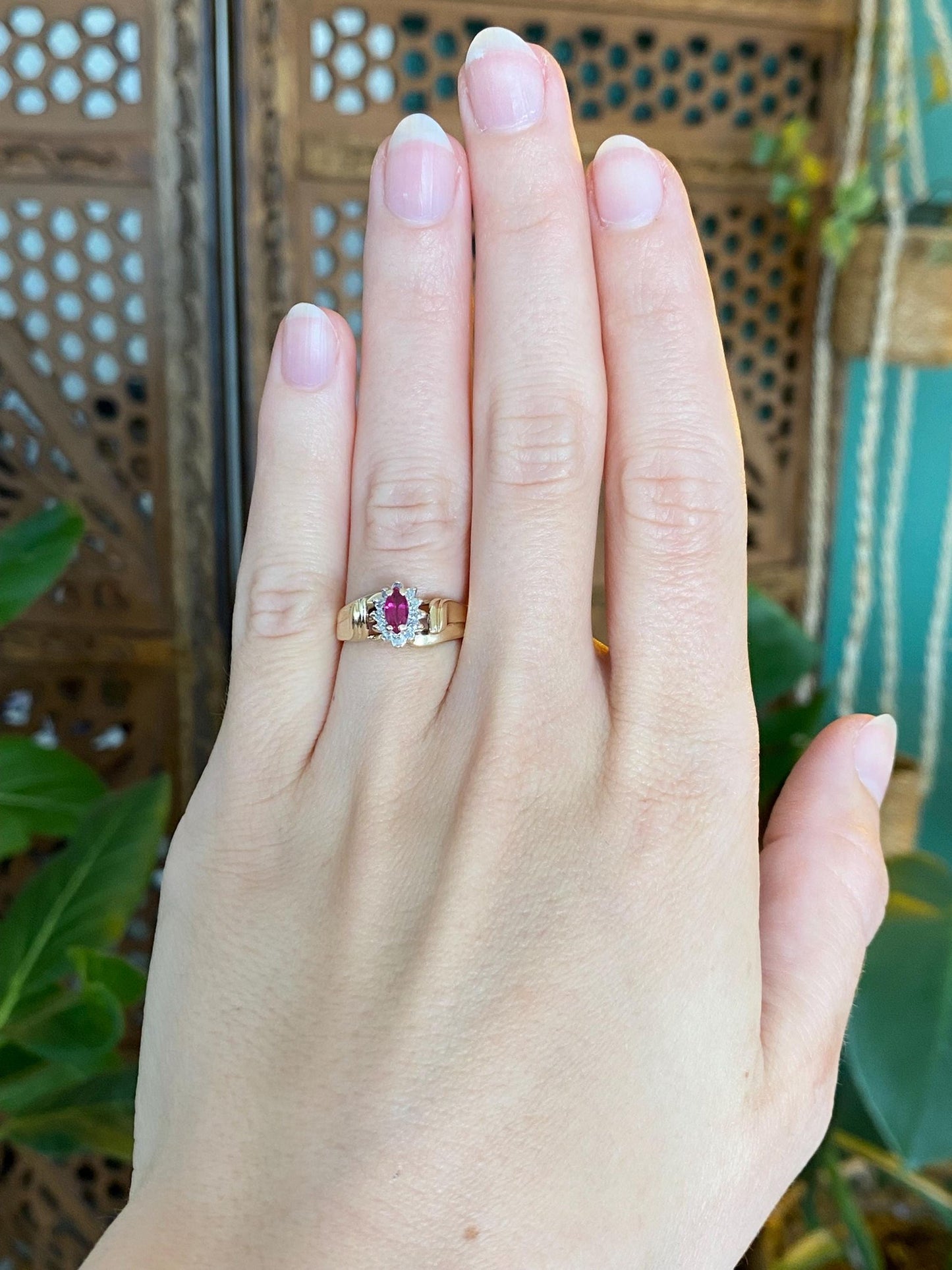 Vintage Solid 10k Yellow Gold Diamond Halo Marquis Pink Sapphire Ring - Size 5.25