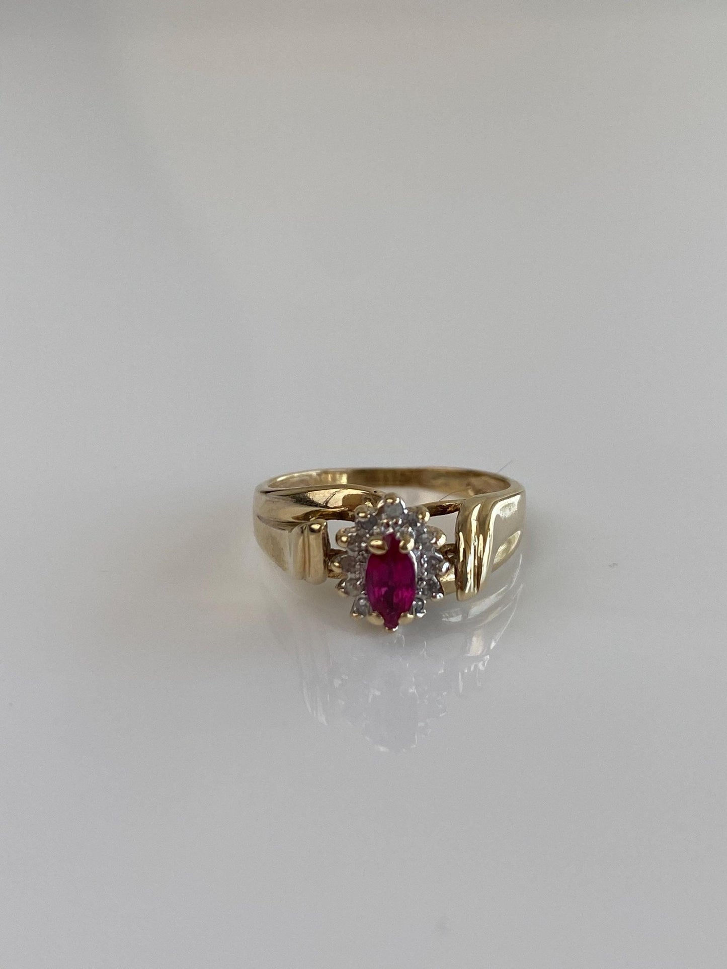 Vintage Solid 10k Yellow Gold Diamond Halo Marquis Pink Sapphire Ring - Size 5.25