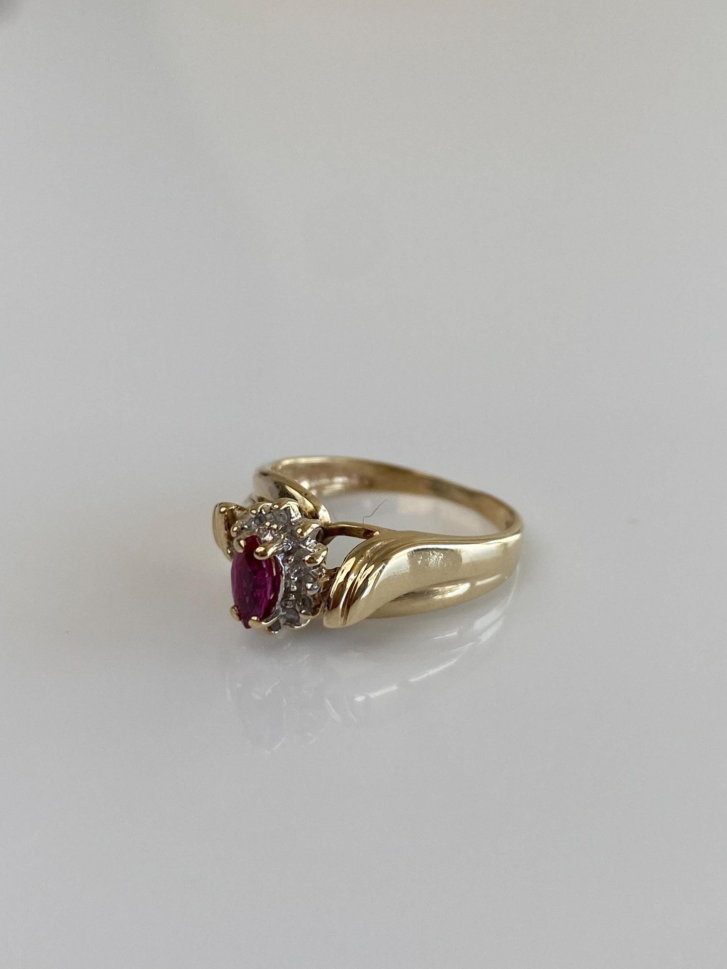 Vintage Solid 10k Yellow Gold Diamond Halo Marquis Pink Sapphire Ring - Size 5.25