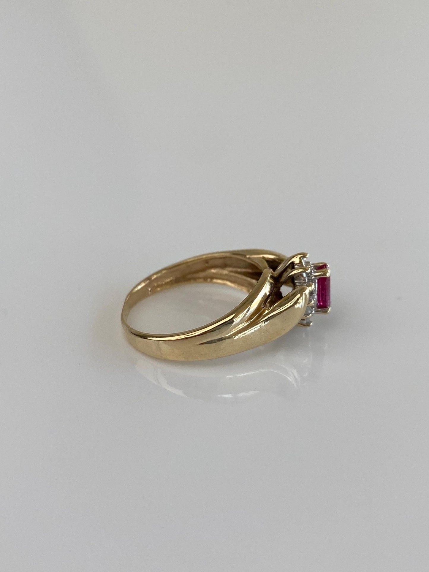 Vintage Solid 10k Yellow Gold Diamond Halo Marquis Pink Sapphire Ring - Size 5.25