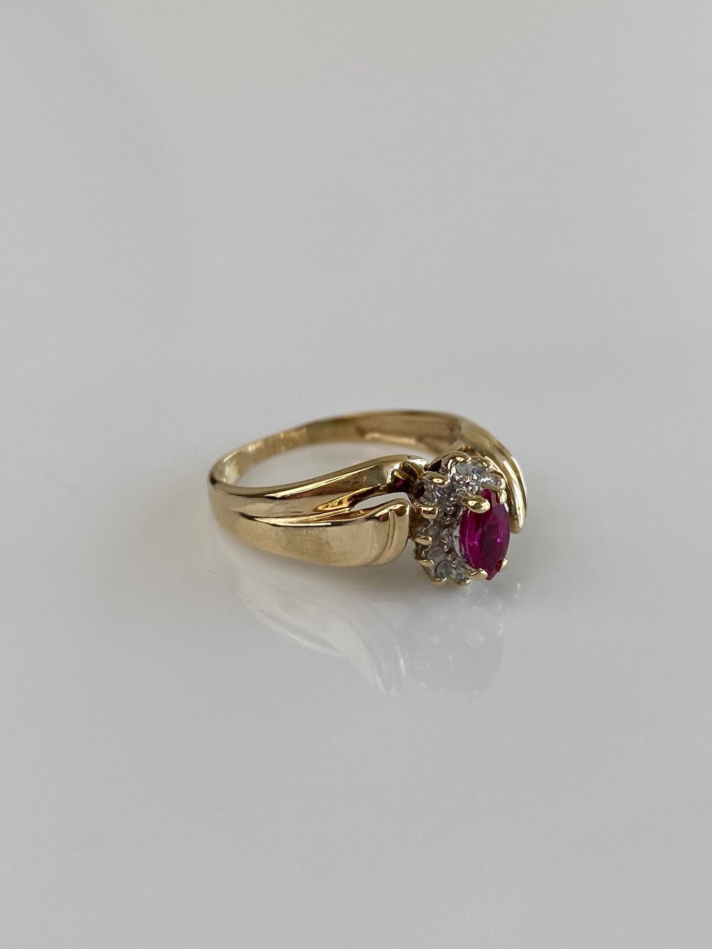 Vintage Solid 10k Yellow Gold Diamond Halo Marquis Pink Sapphire Ring - Size 5.25