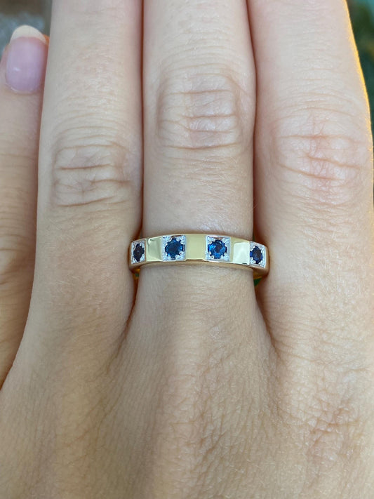 Vintage Solid 14k White & Yellow Gold Blue Sapphire Ring Band - Size 10