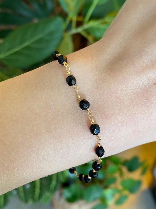 Vintage Solid 10k Yellow Gold Onyx Wire Wrapped Bracelet - 7.75 inches