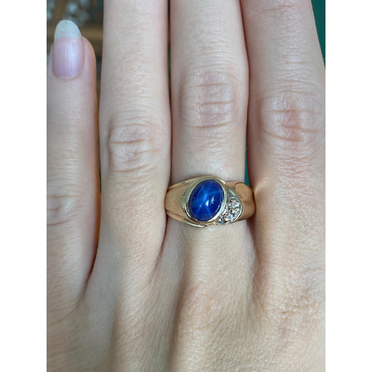 Vintage Solid 14k Yellow Gold Blue Star Sapphire Ring - Size 8.75