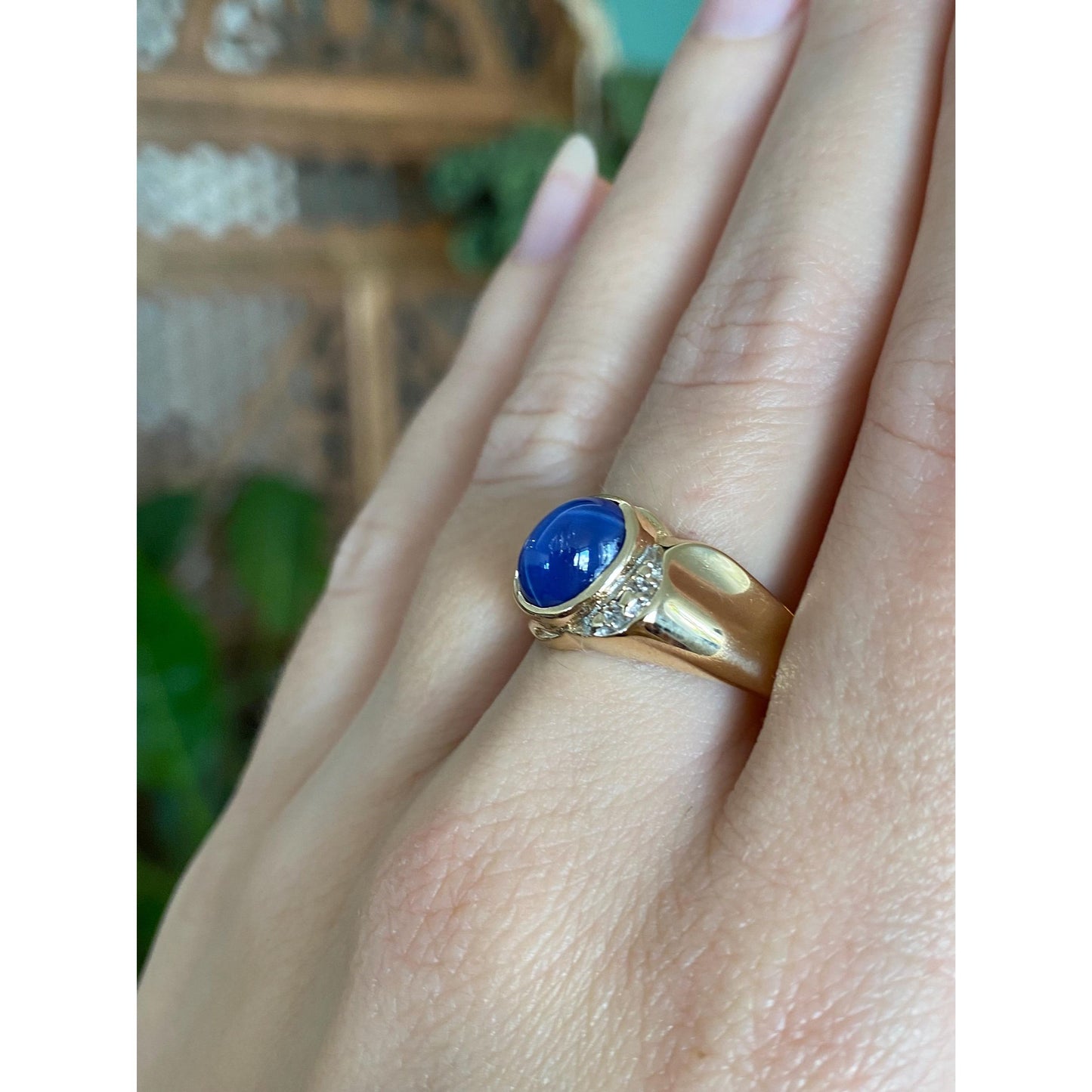Vintage Solid 14k Yellow Gold Blue Star Sapphire Ring - Size 8.75