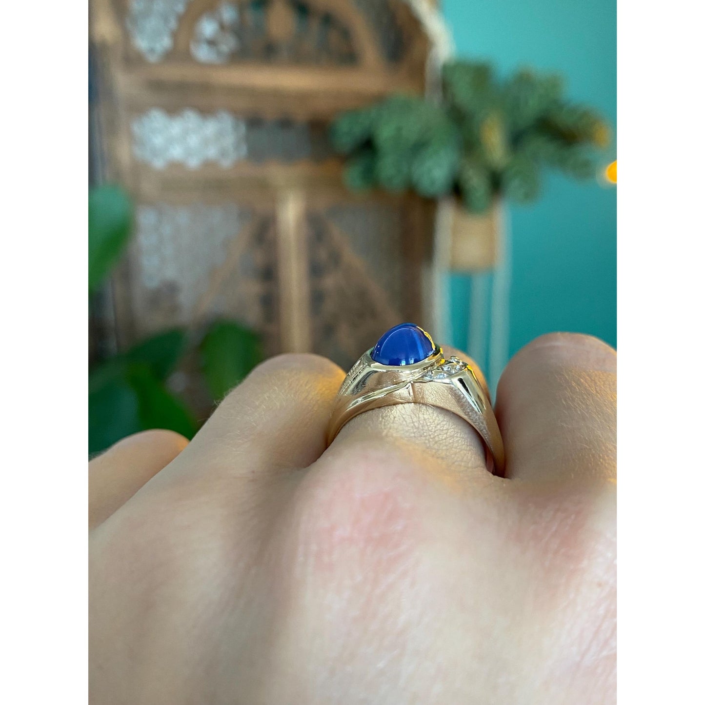 Vintage Solid 14k Yellow Gold Blue Star Sapphire Ring - Size 8.75