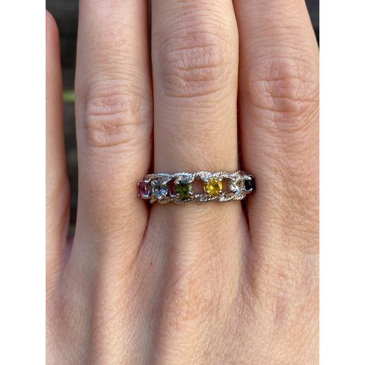 Vintage Solid 10k White Gold Colored Sapphire & Spinel Ring Band - Size 7.25