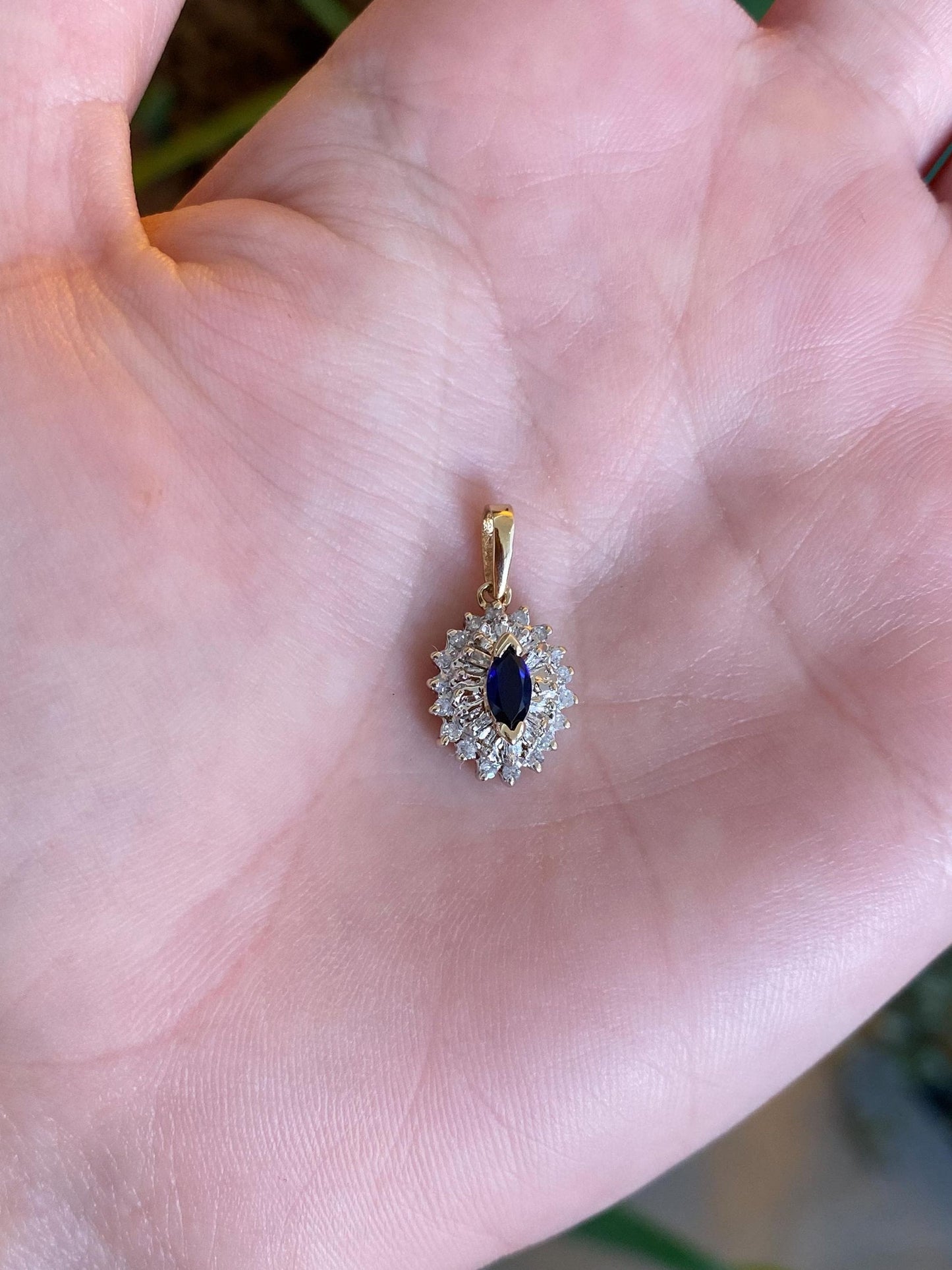 Vintage Solid 10k White & Yellow Gold Diamond Halo Blue Sapphire Charm
