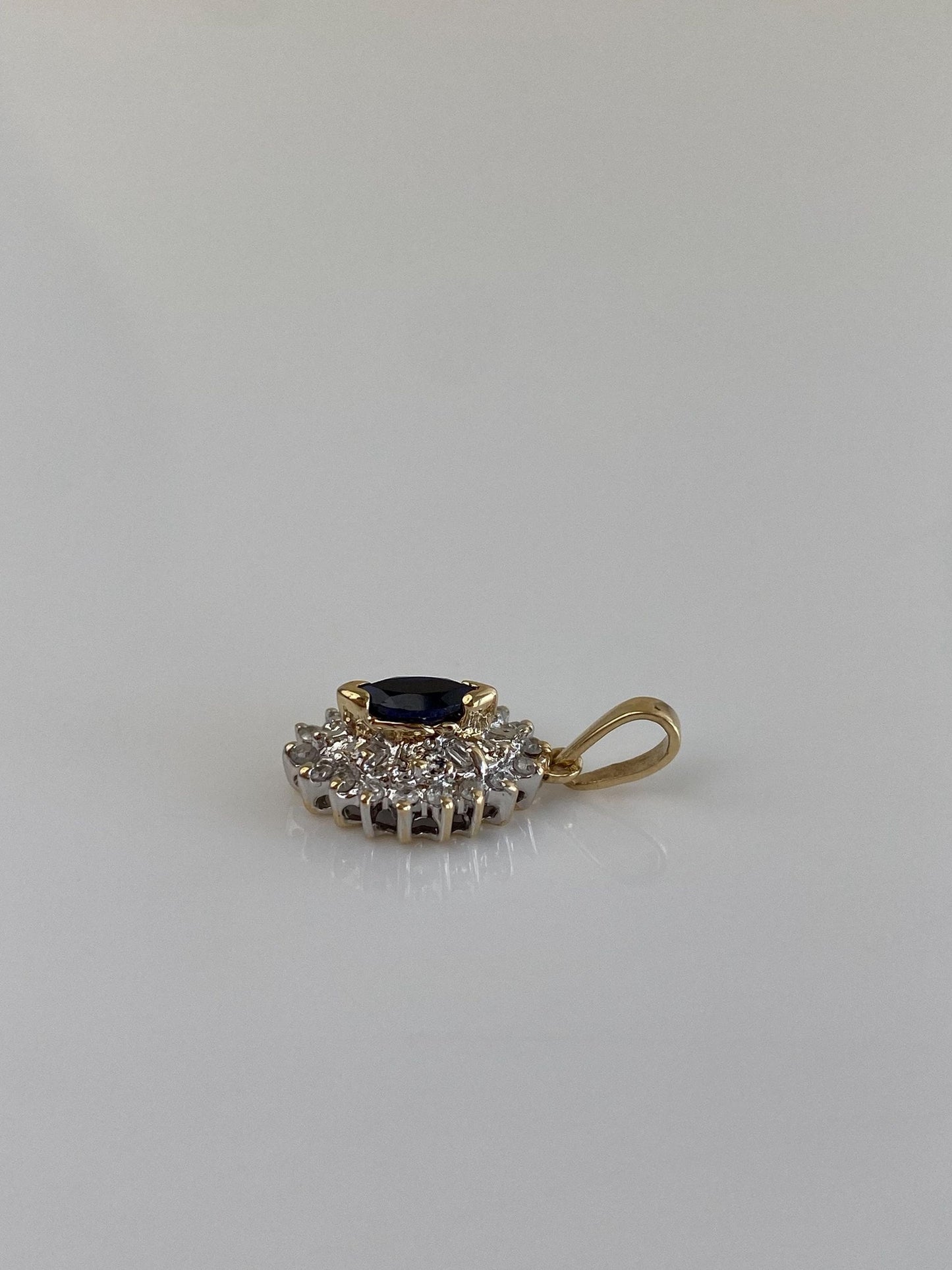 Vintage Solid 10k White & Yellow Gold Diamond Halo Blue Sapphire Charm
