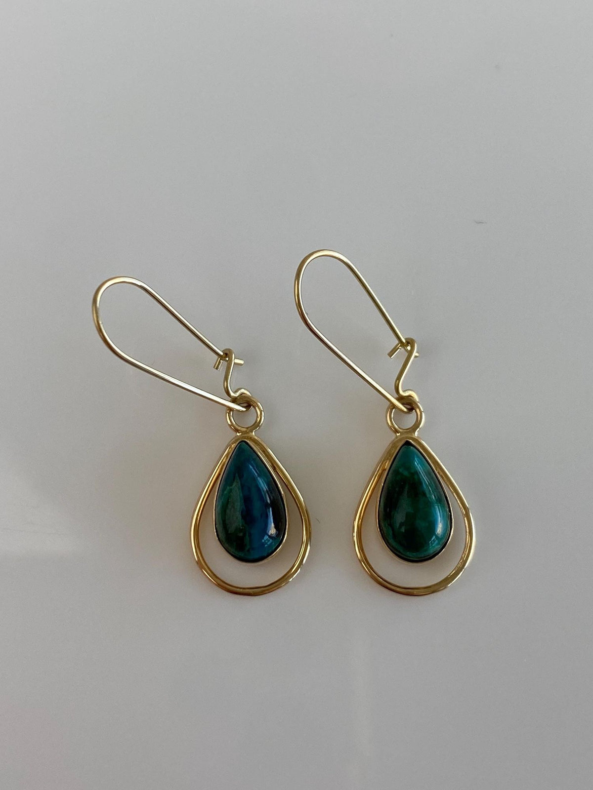 Vintage Solid 14k Yellow Gold Azurite Teardrop Dangle Earrings