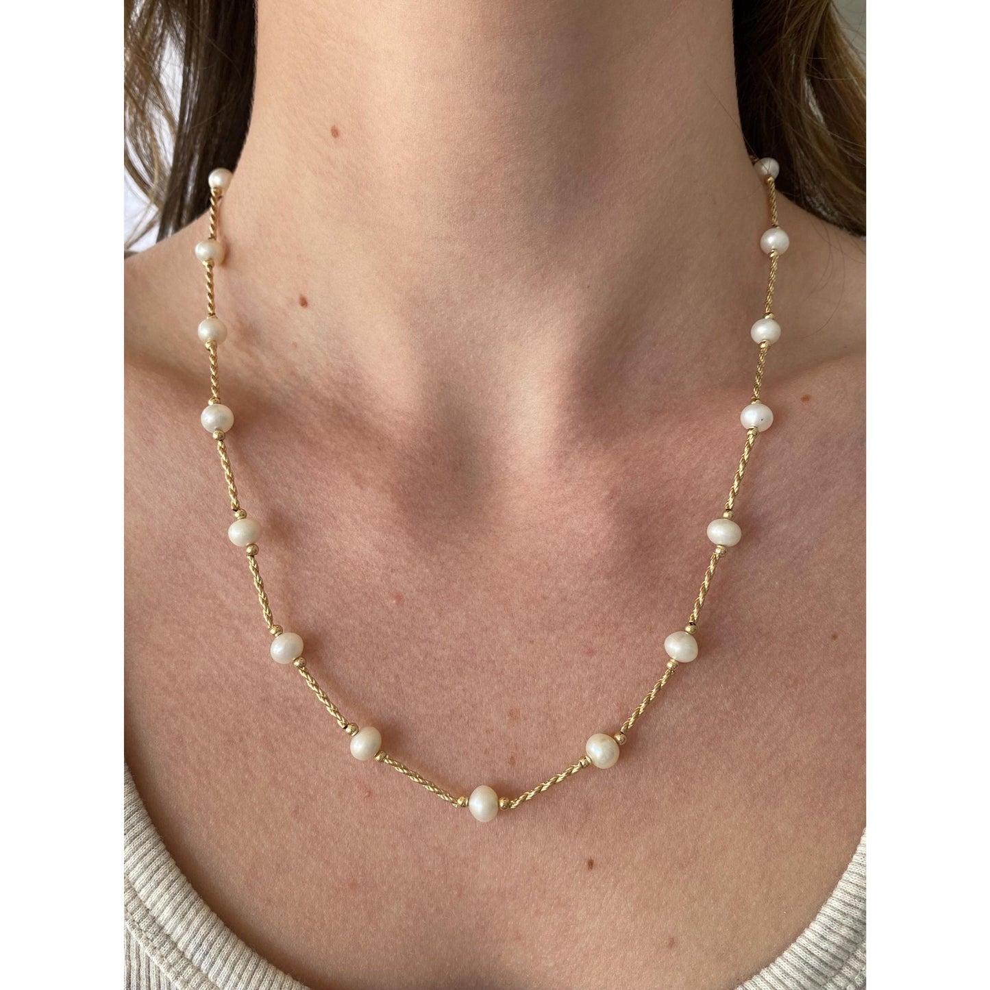 Vintage 14k Yellow Gold Pearl Twist Bead Chain Necklace - 19.5 inches