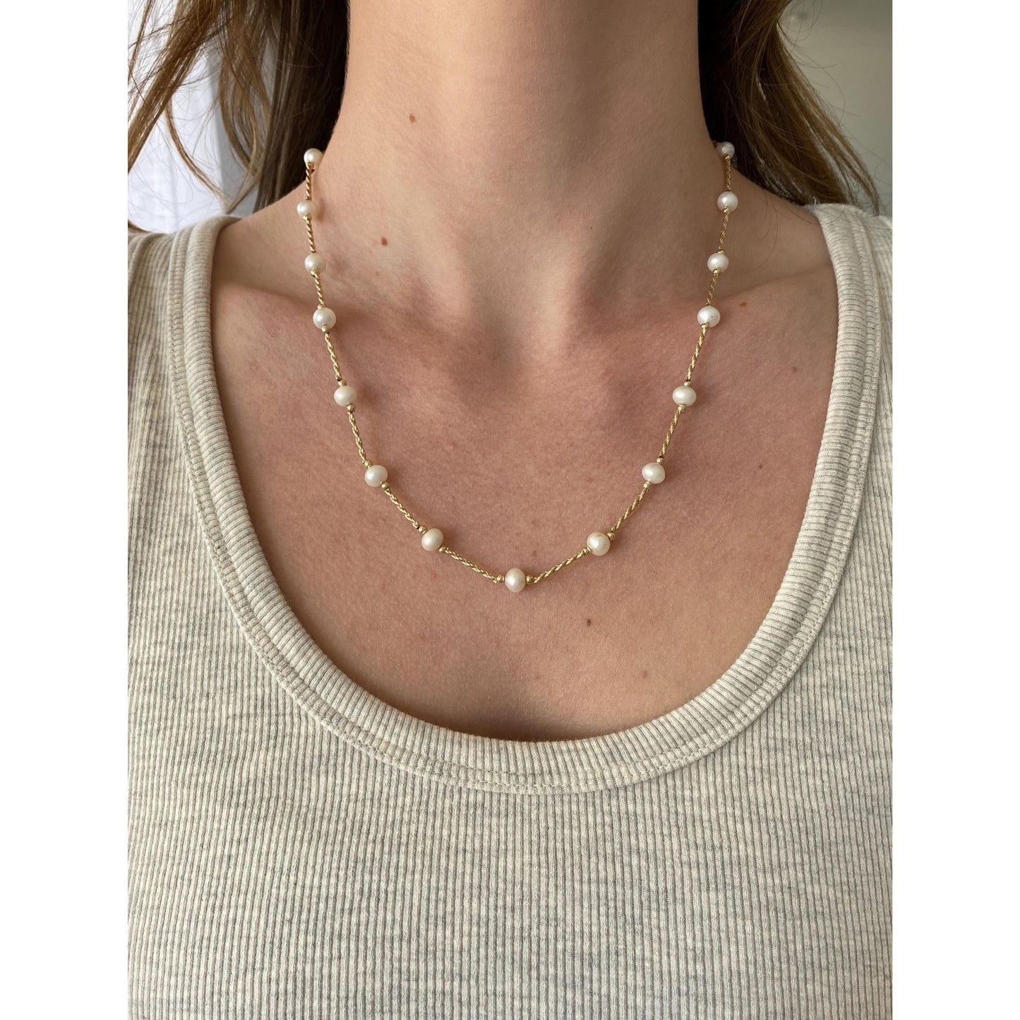 Vintage 14k Yellow Gold Pearl Twist Bead Chain Necklace - 19.5 inches