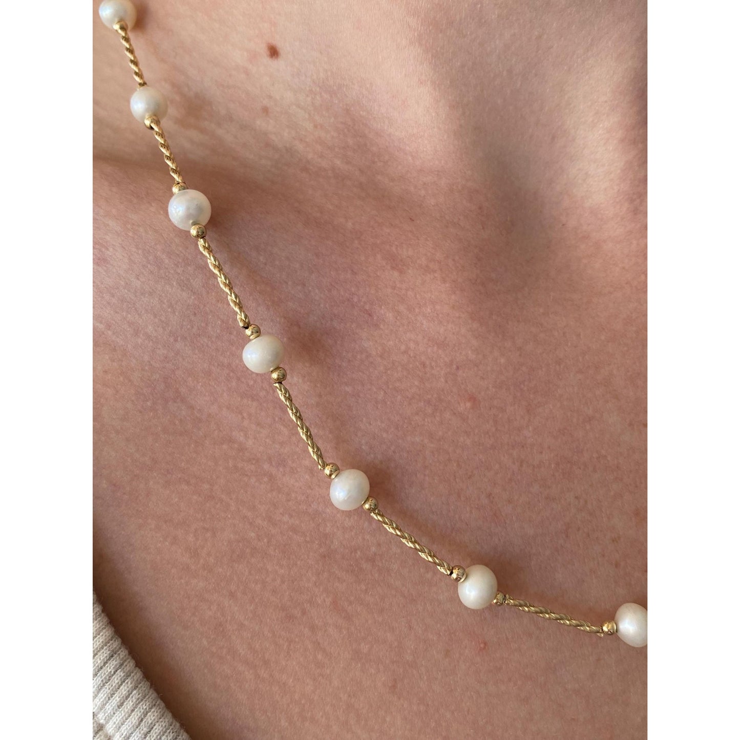 Vintage 14k Yellow Gold Pearl Twist Bead Chain Necklace - 19.5 inches