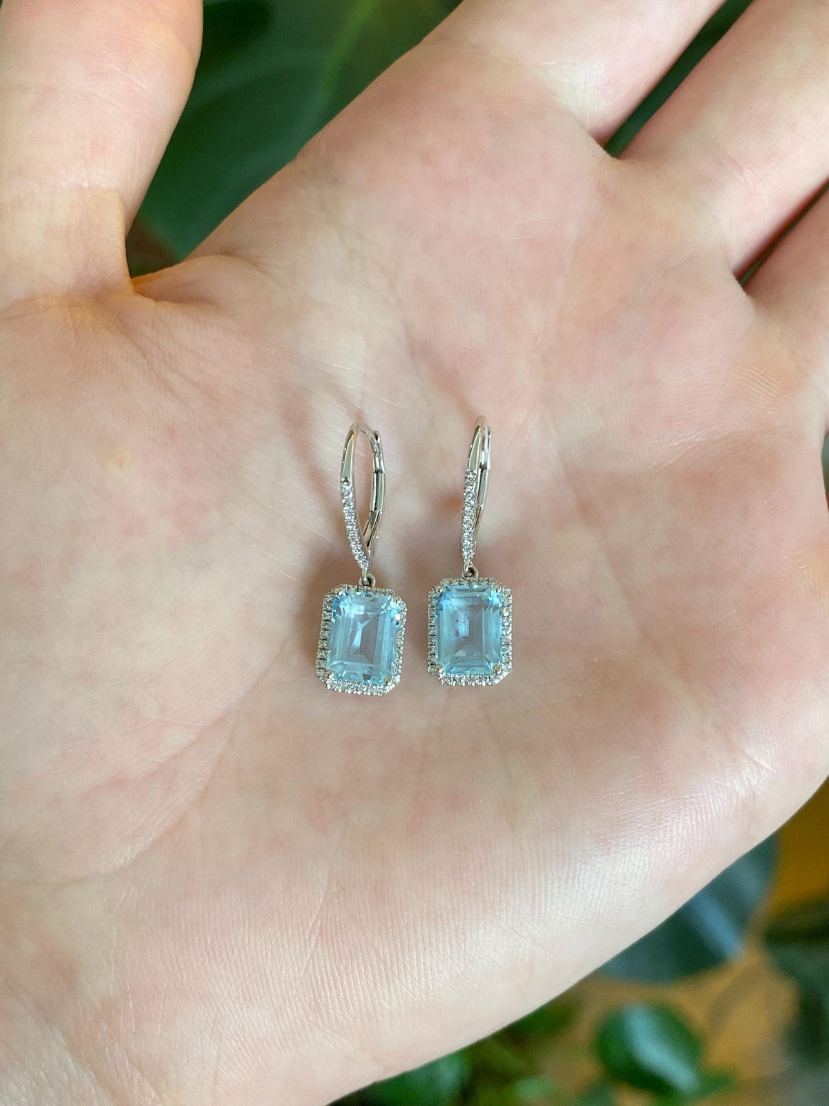 Vintage Solid 14k White Gold Diamond Halo Topaz Dangle Earrings