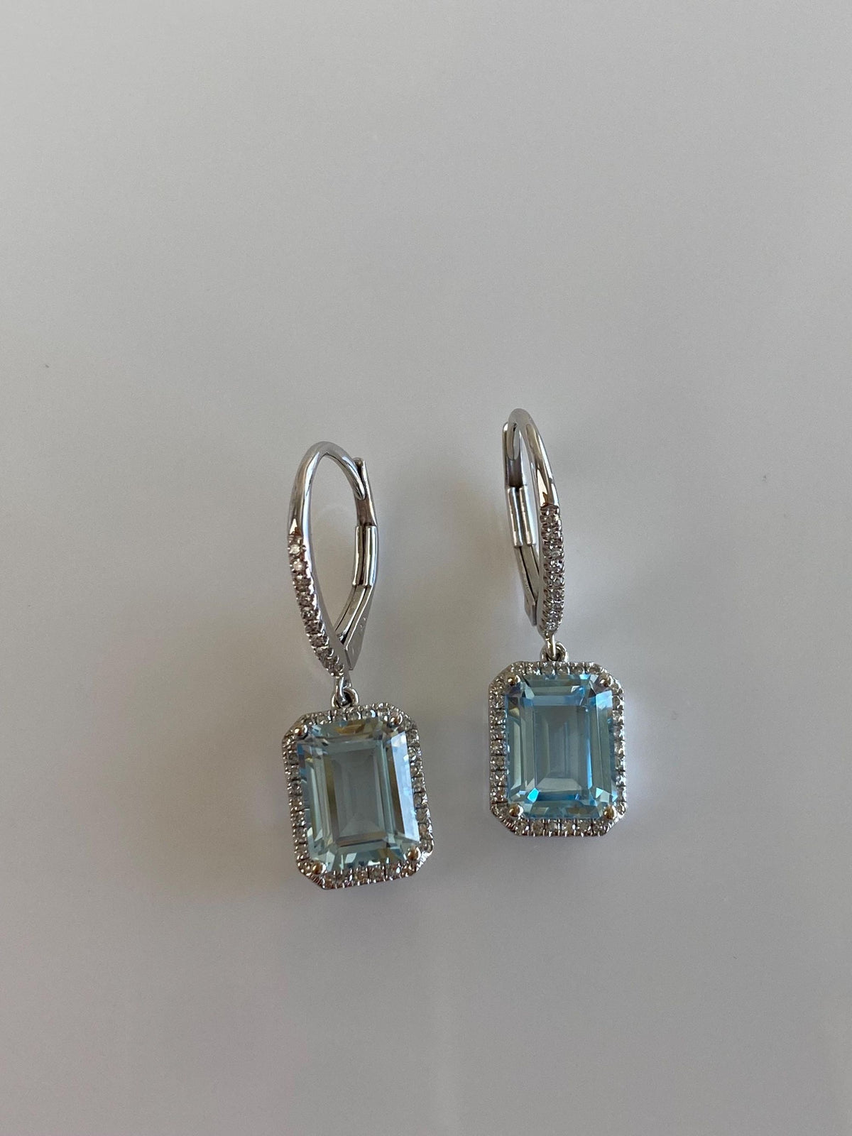 Vintage Solid 14k White Gold Diamond Halo Topaz Dangle Earrings