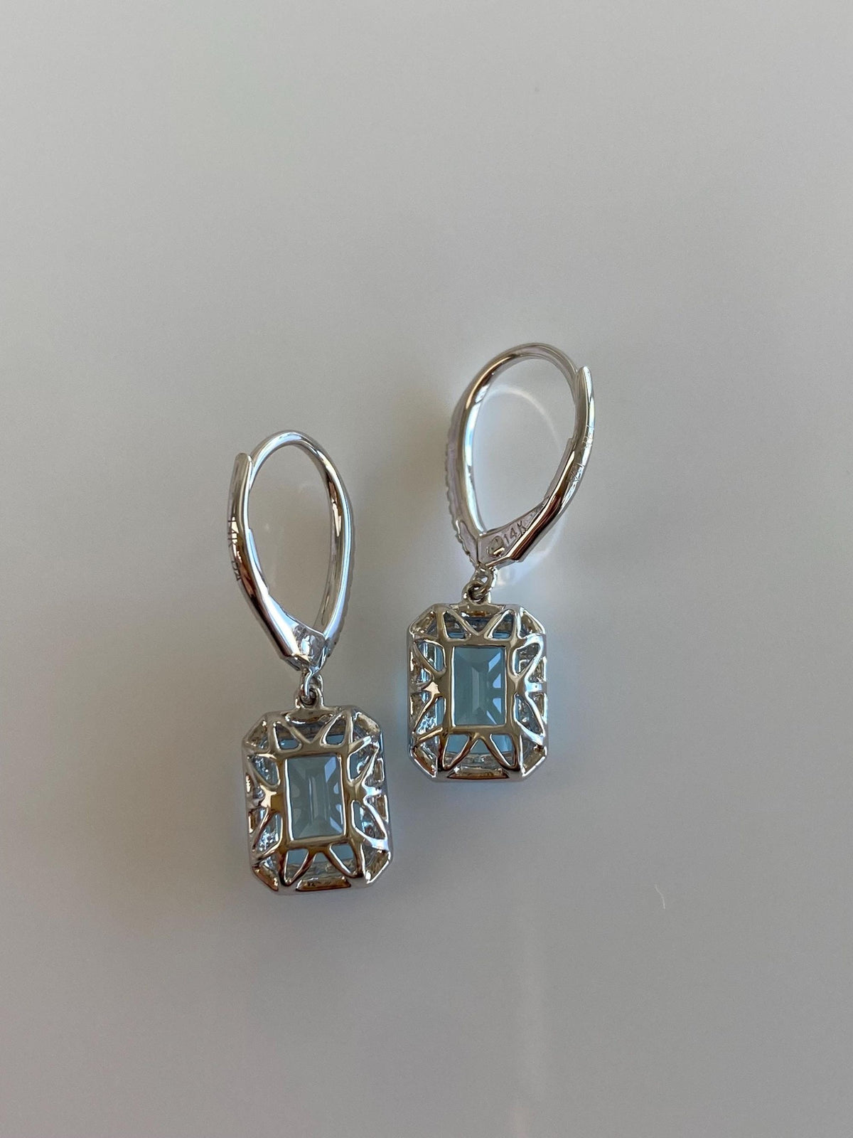 Vintage Solid 14k White Gold Diamond Halo Topaz Dangle Earrings