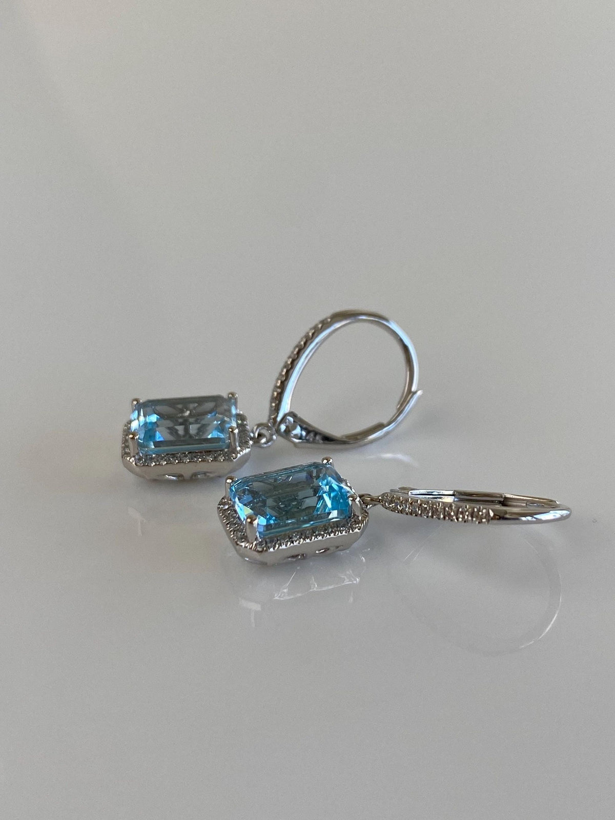 Vintage Solid 14k White Gold Diamond Halo Topaz Dangle Earrings
