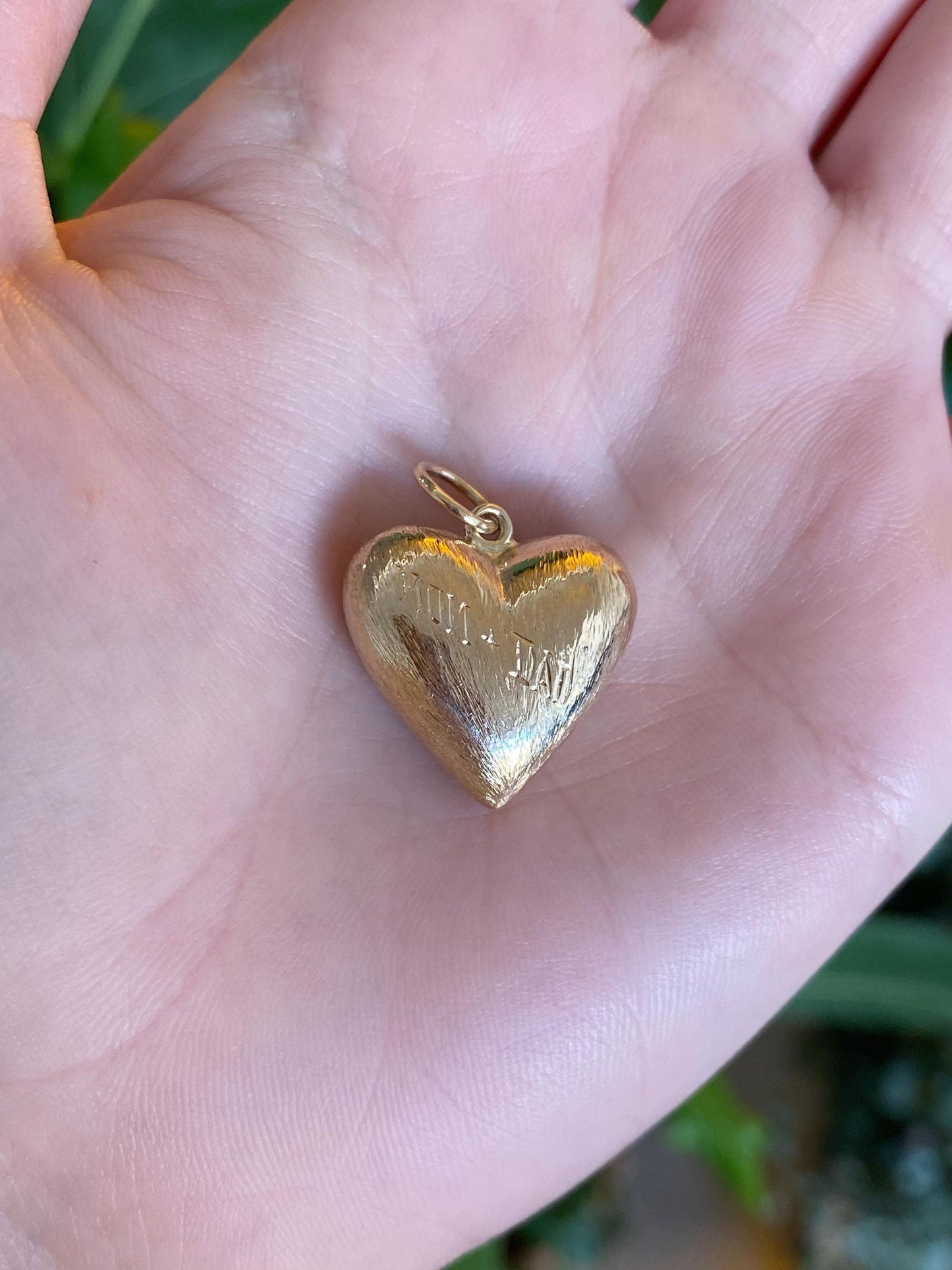 Vintage Solid 14k Yellow Gold Mom + Dad Patti Puffy Heart Charm