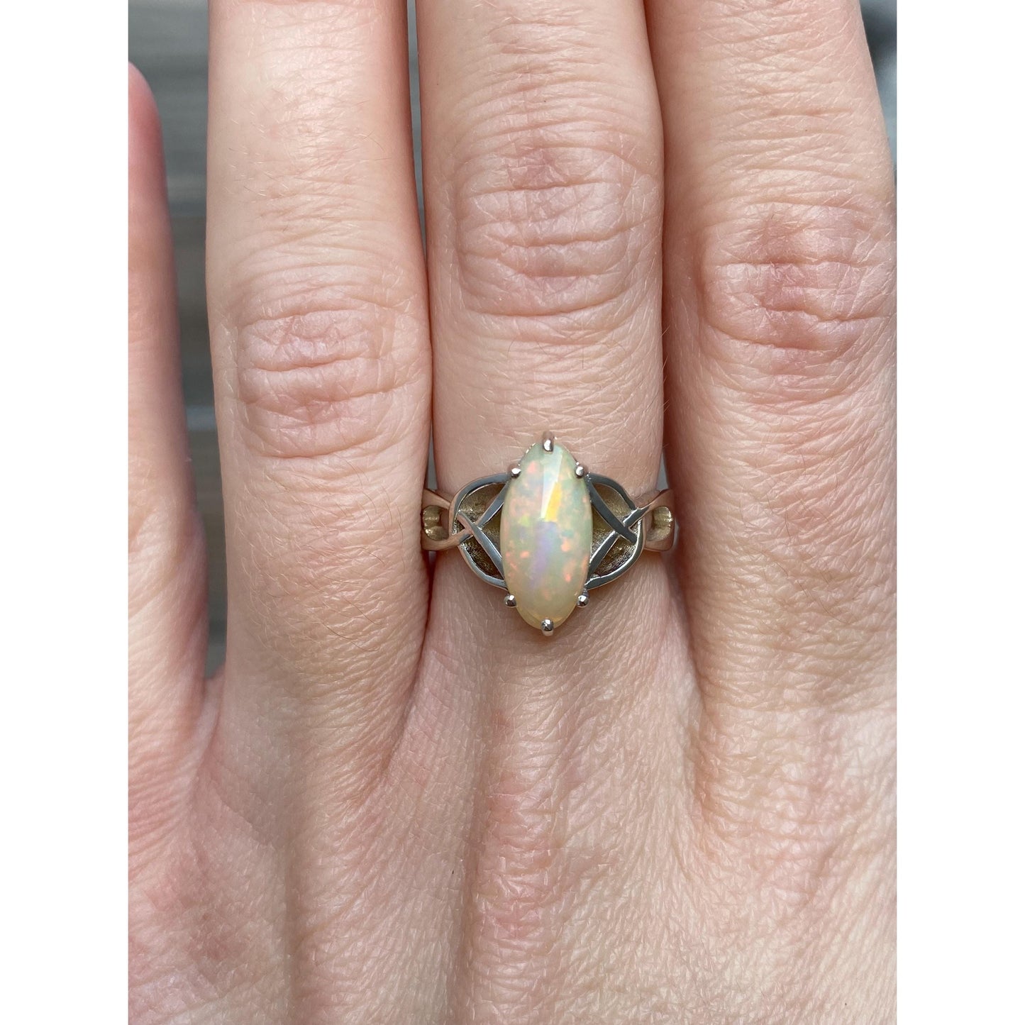 Vintage Solid 14k White Gold Opal Marquis Ring - Size 6