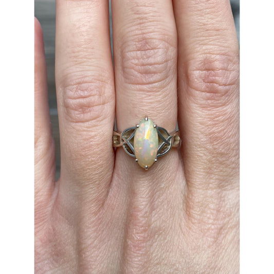 Vintage Solid 14k White Gold Opal Marquis Ring - Size 6
