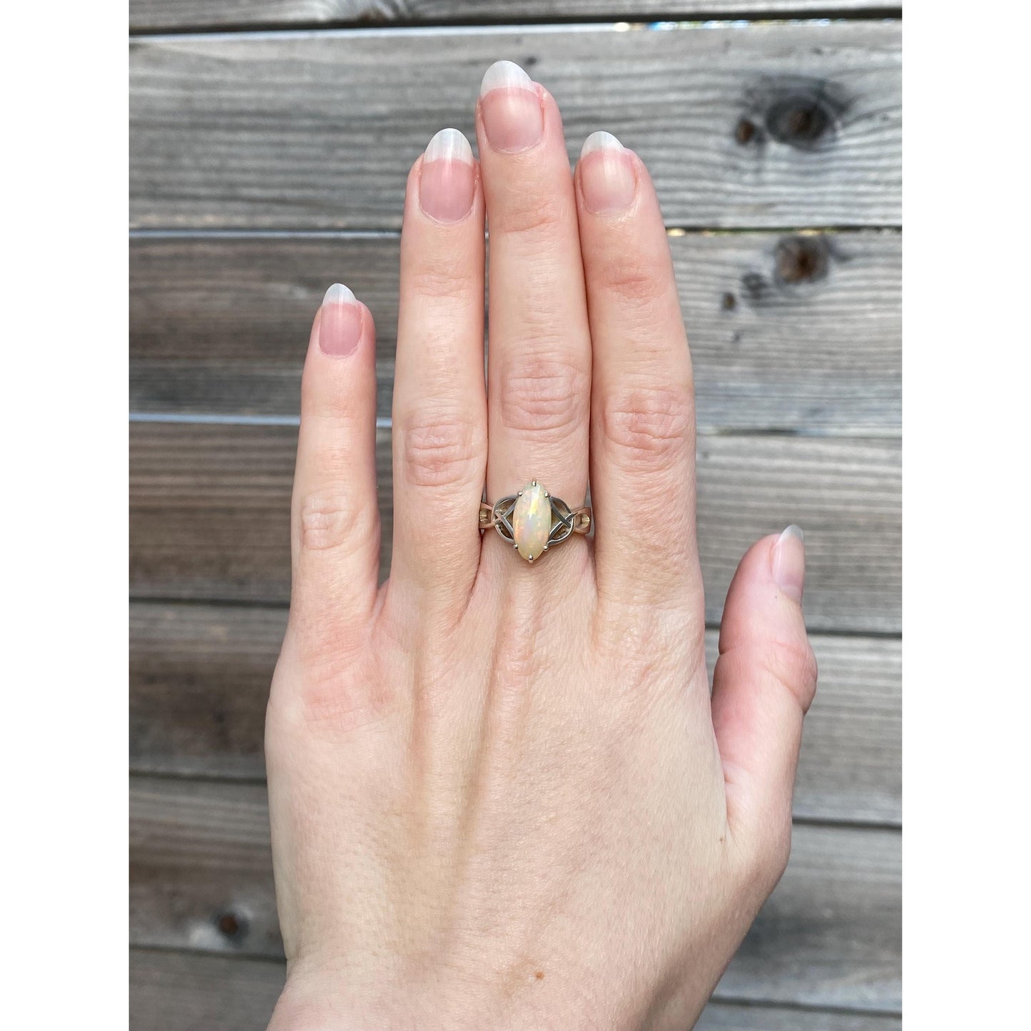 Vintage Solid 14k White Gold Opal Marquis Ring - Size 6