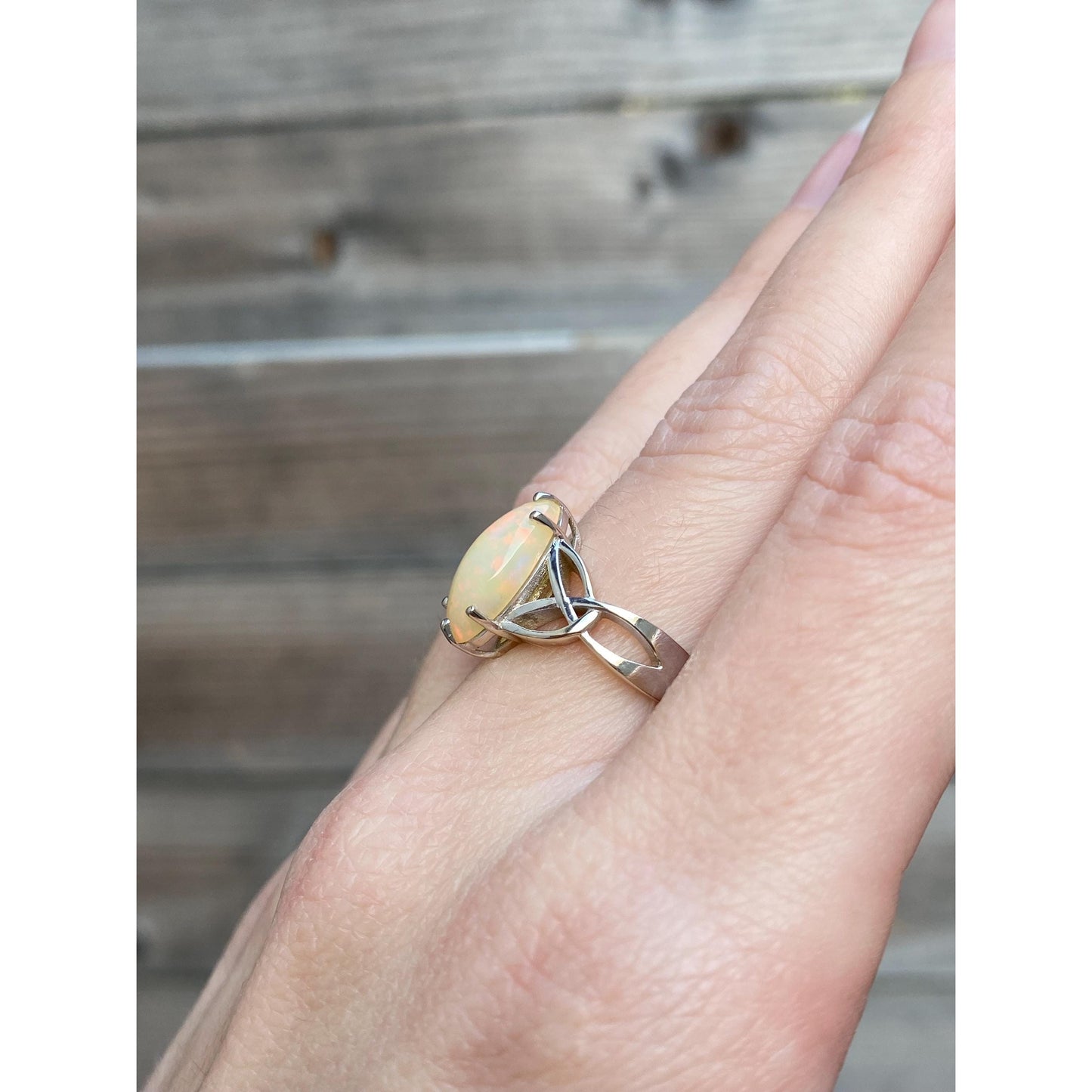 Vintage Solid 14k White Gold Opal Marquis Ring - Size 6