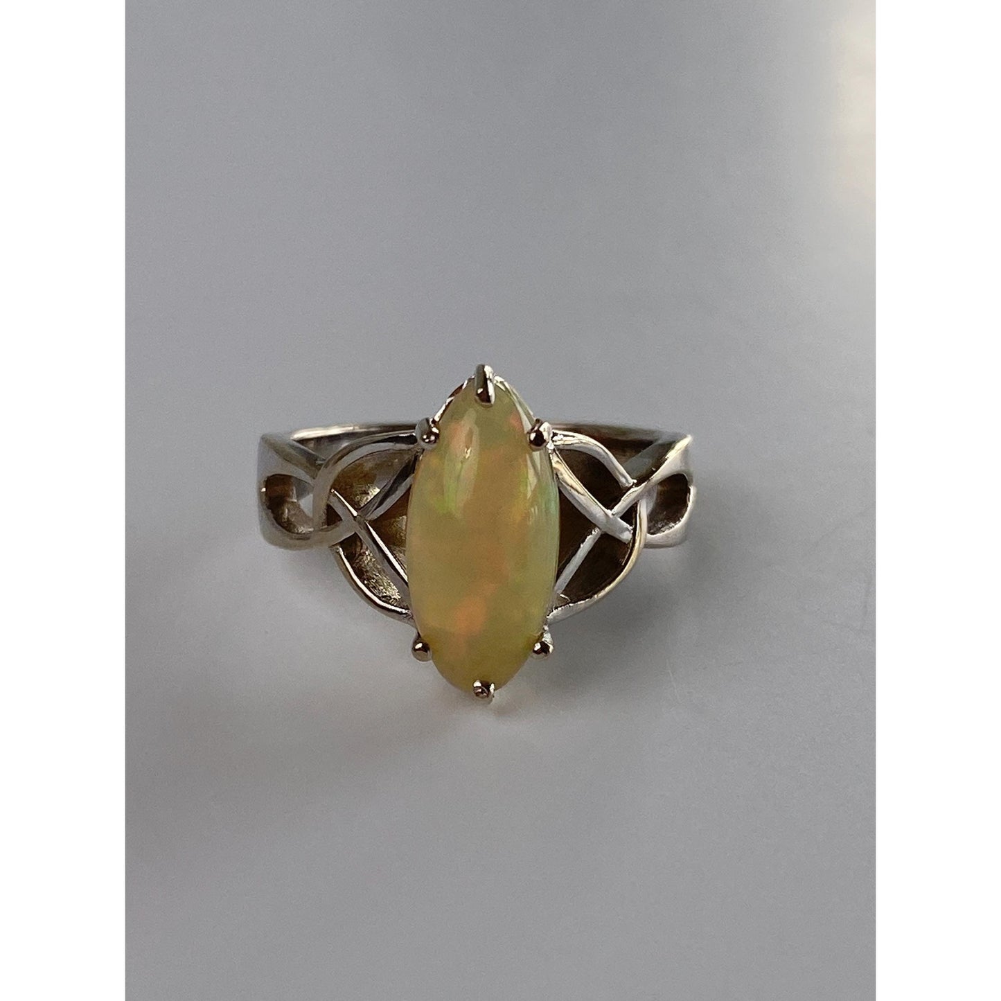 Vintage Solid 14k White Gold Opal Marquis Ring - Size 6