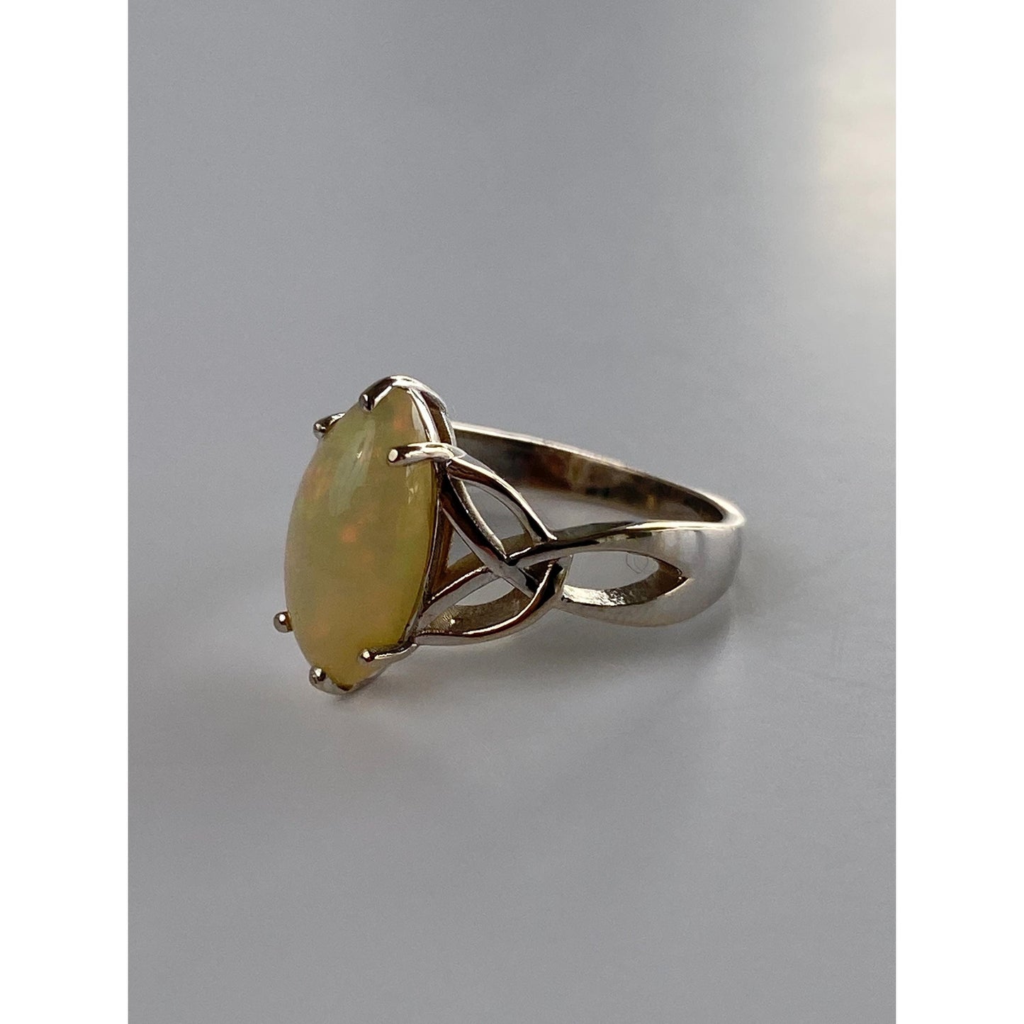 Vintage Solid 14k White Gold Opal Marquis Ring - Size 6