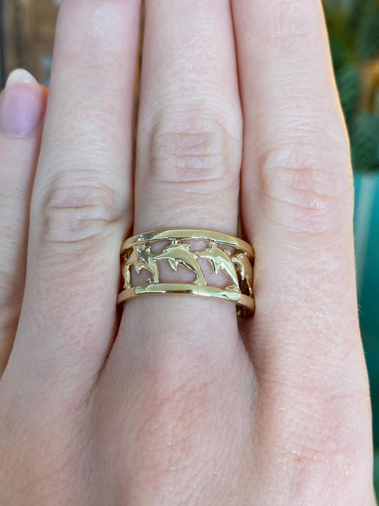 Vintage Solid 14k Yellow Gold Dolphins Ring Band - Size 10
