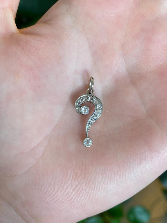 Vintage Solid 10k White Gold Diamonds Question Mark Charm