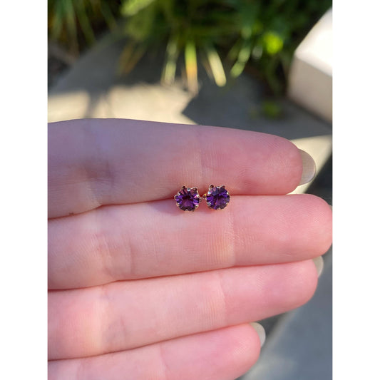 Vintage Solid 14k Yellow Gold Purple Cubic Zirconia Stud Earrings
