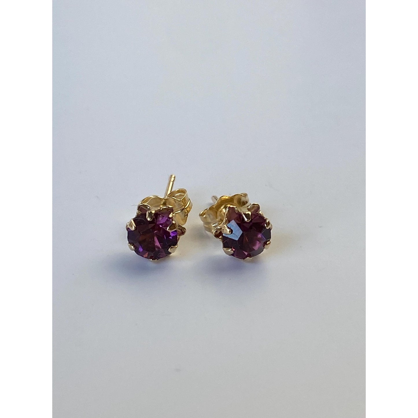 Vintage Solid 14k Yellow Gold Purple Cubic Zirconia Stud Earrings