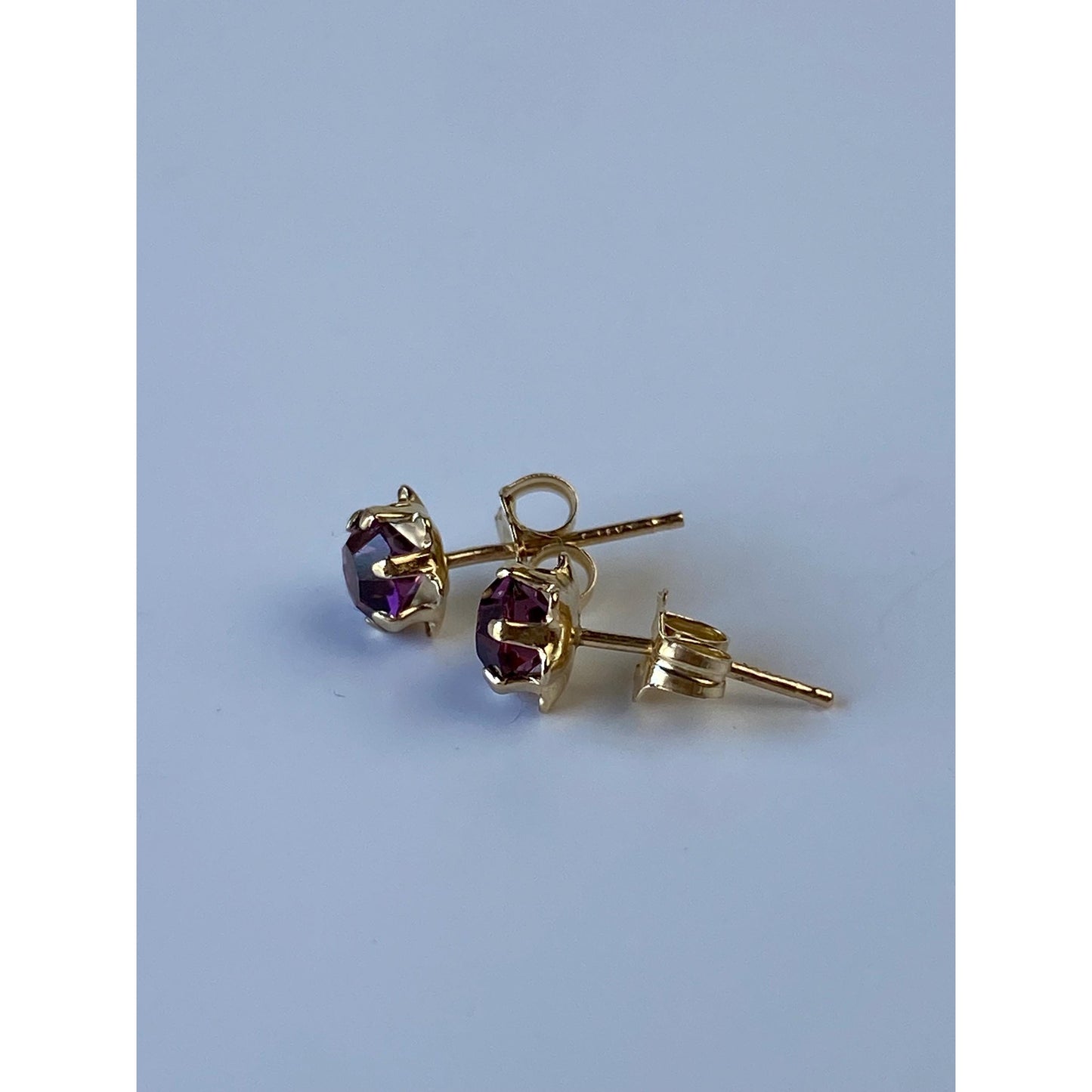 Vintage Solid 14k Yellow Gold Purple Cubic Zirconia Stud Earrings