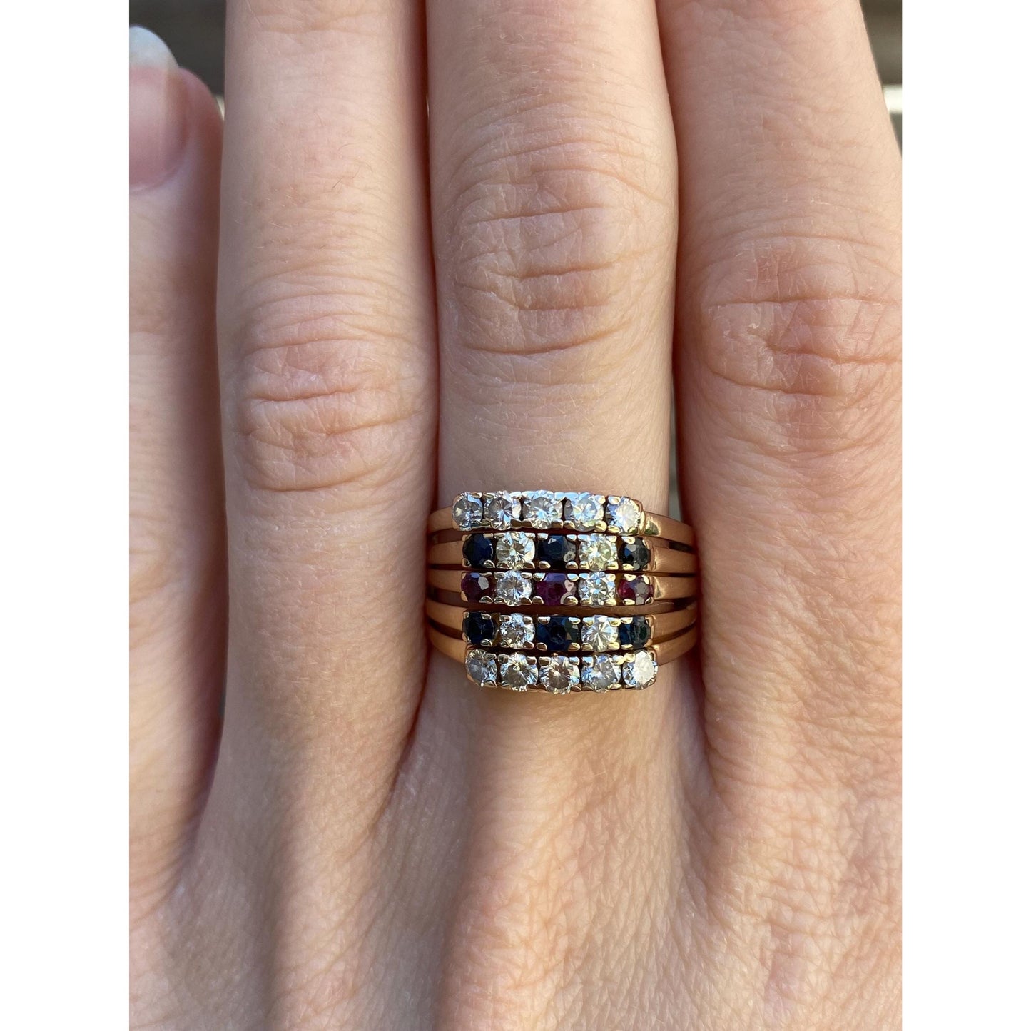 Solid 14k Yellow Gold Diamond Sapphire Ruby Multiple Bands Ring - Size 8.75