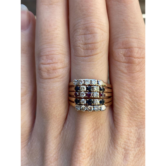 Solid 14k Yellow Gold Diamond Sapphire Ruby Multiple Bands Ring - Size 8.75