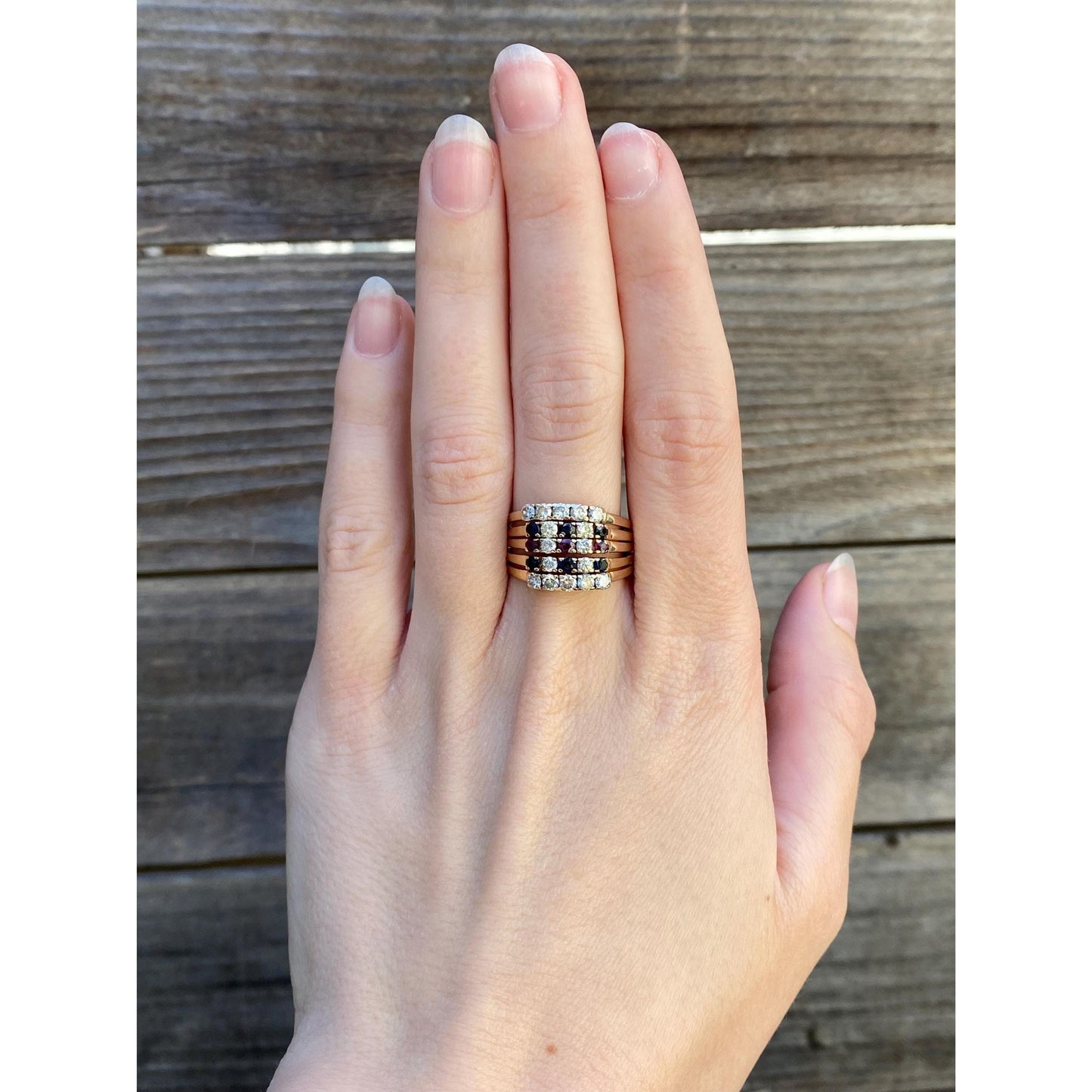 Solid 14k Yellow Gold Diamond Sapphire Ruby Multiple Bands Ring - Size 8.75