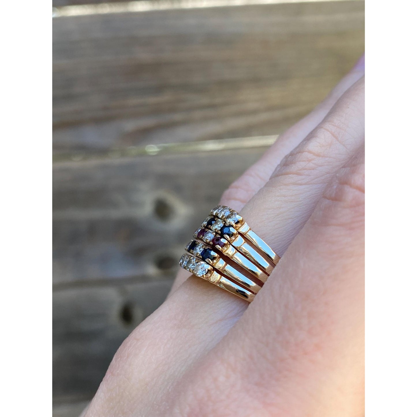 Solid 14k Yellow Gold Diamond Sapphire Ruby Multiple Bands Ring - Size 8.75