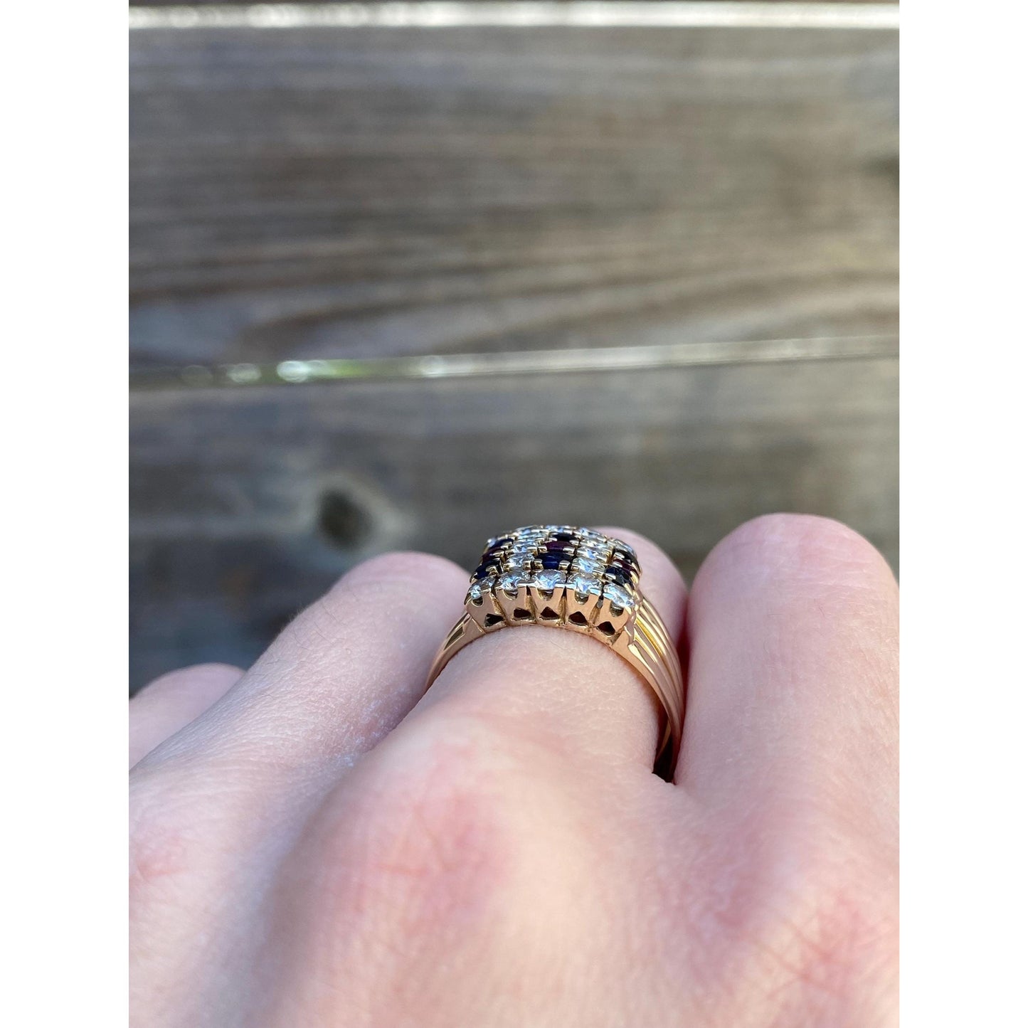 Solid 14k Yellow Gold Diamond Sapphire Ruby Multiple Bands Ring - Size 8.75