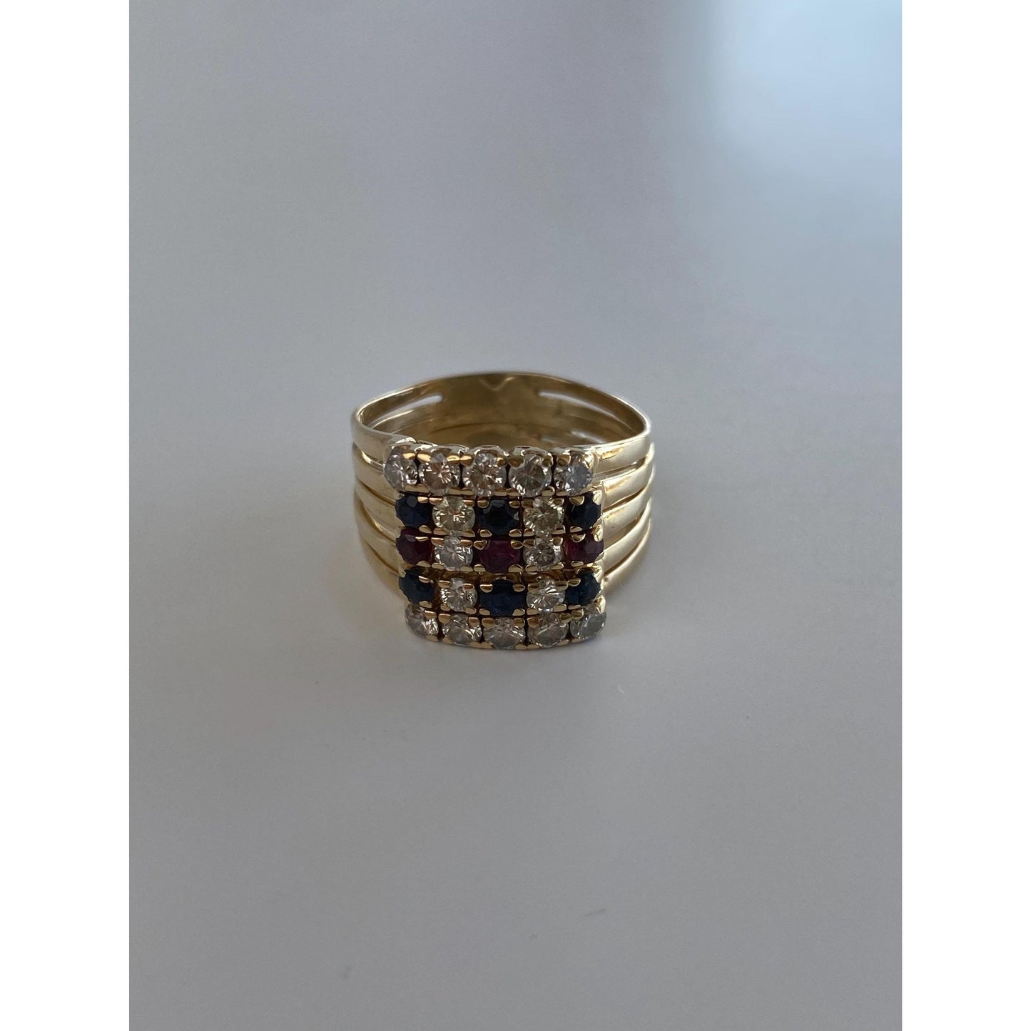 Solid 14k Yellow Gold Diamond Sapphire Ruby Multiple Bands Ring - Size 8.75