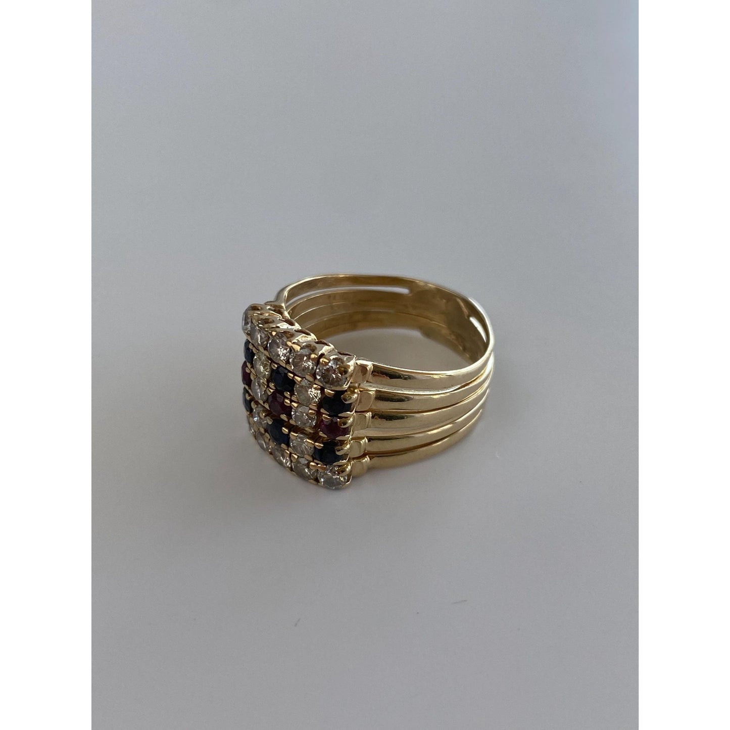 Solid 14k Yellow Gold Diamond Sapphire Ruby Multiple Bands Ring - Size 8.75
