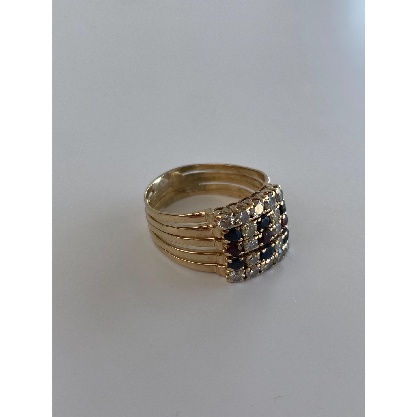 Solid 14k Yellow Gold Diamond Sapphire Ruby Multiple Bands Ring - Size 8.75