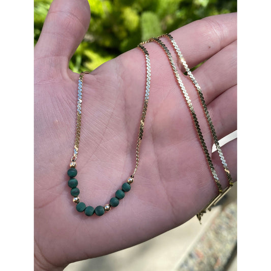 Solid 14k Yellow Gold Raw Malachite Gold Bead Chunky Serpentine Chain Necklace - 18 inches