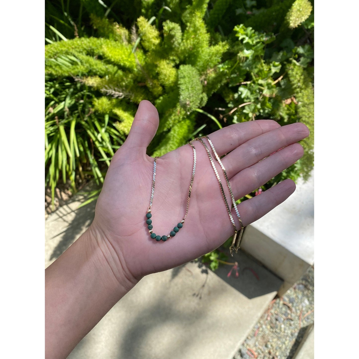 Solid 14k Yellow Gold Raw Malachite Gold Bead Chunky Serpentine Chain Necklace - 18 inches