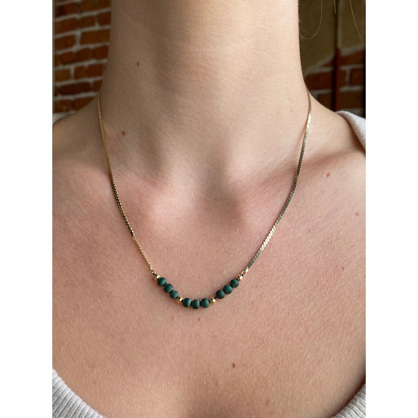Solid 14k Yellow Gold Raw Malachite Gold Bead Chunky Serpentine Chain Necklace - 18 inches