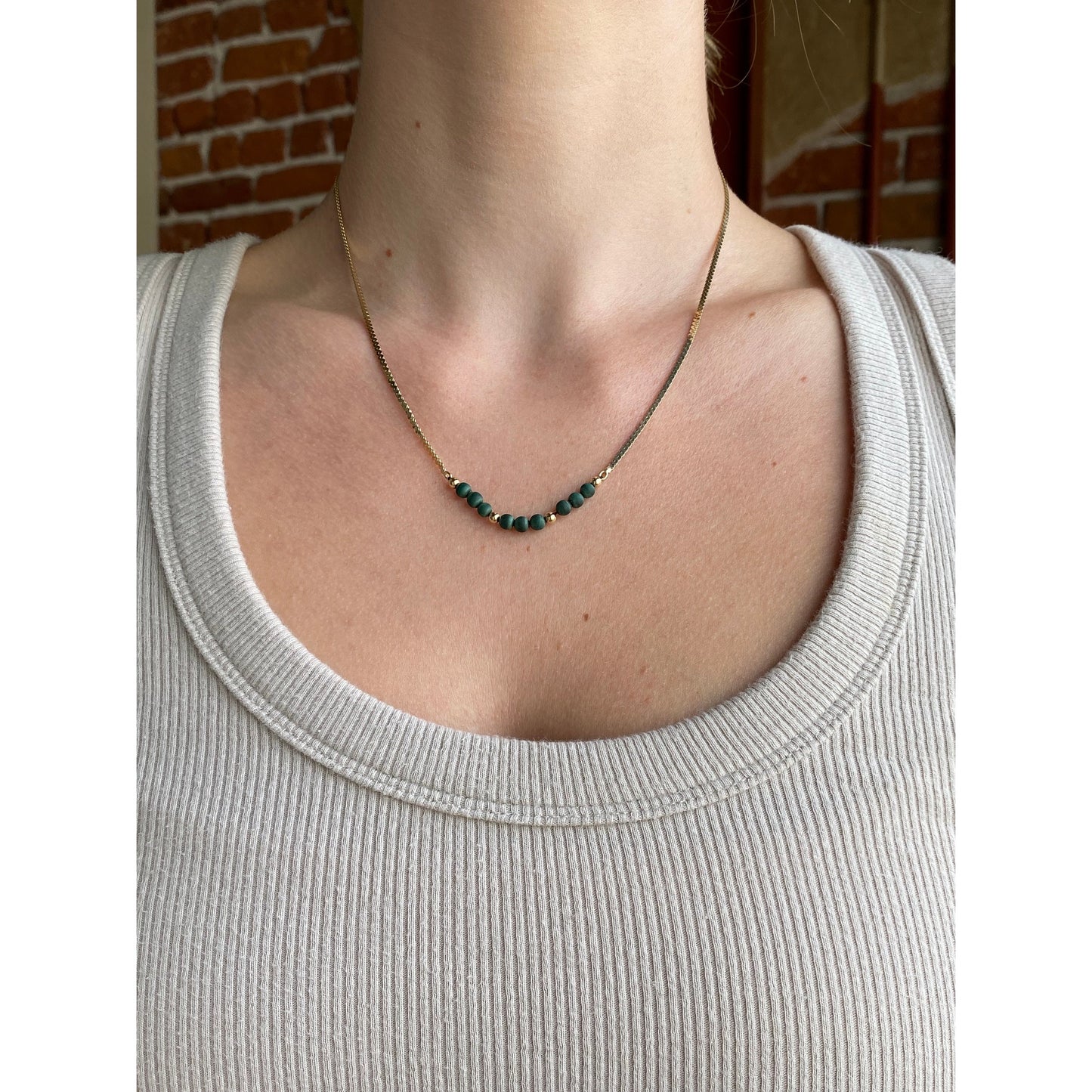 Solid 14k Yellow Gold Raw Malachite Gold Bead Chunky Serpentine Chain Necklace - 18 inches