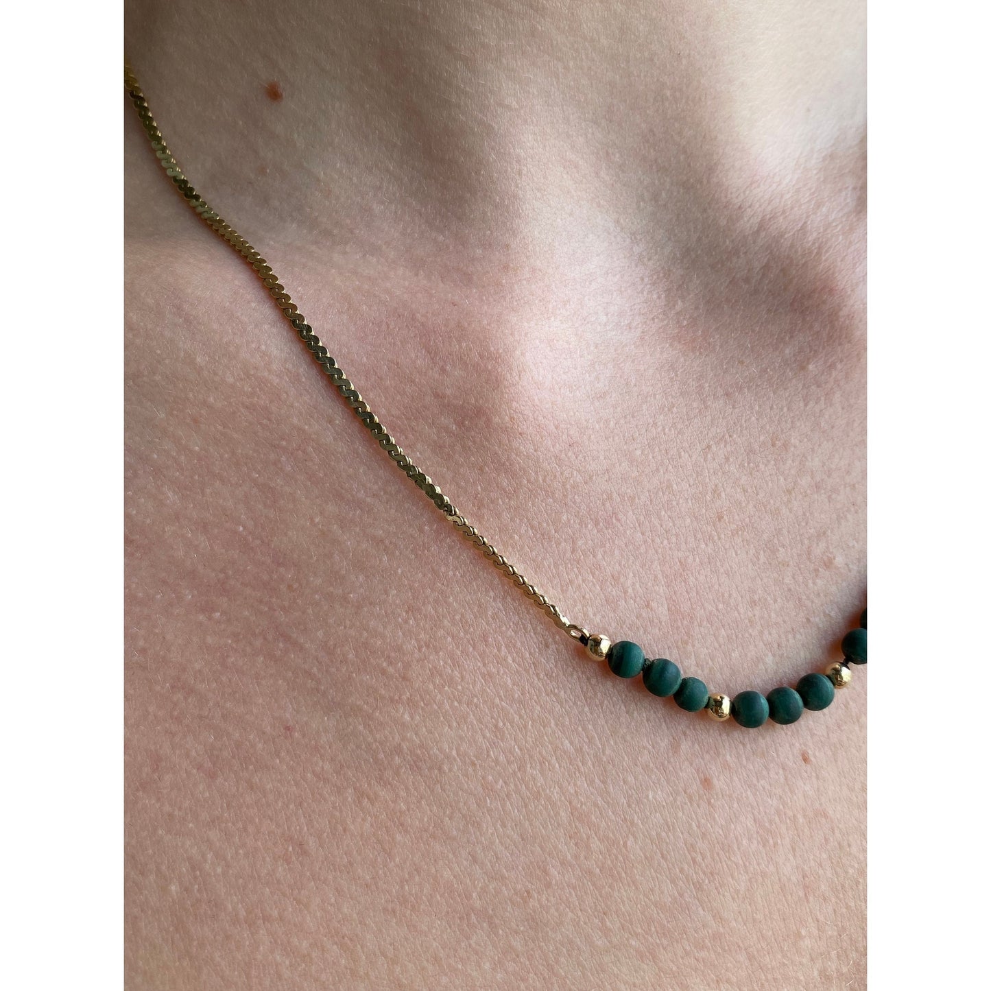 Solid 14k Yellow Gold Raw Malachite Gold Bead Chunky Serpentine Chain Necklace - 18 inches
