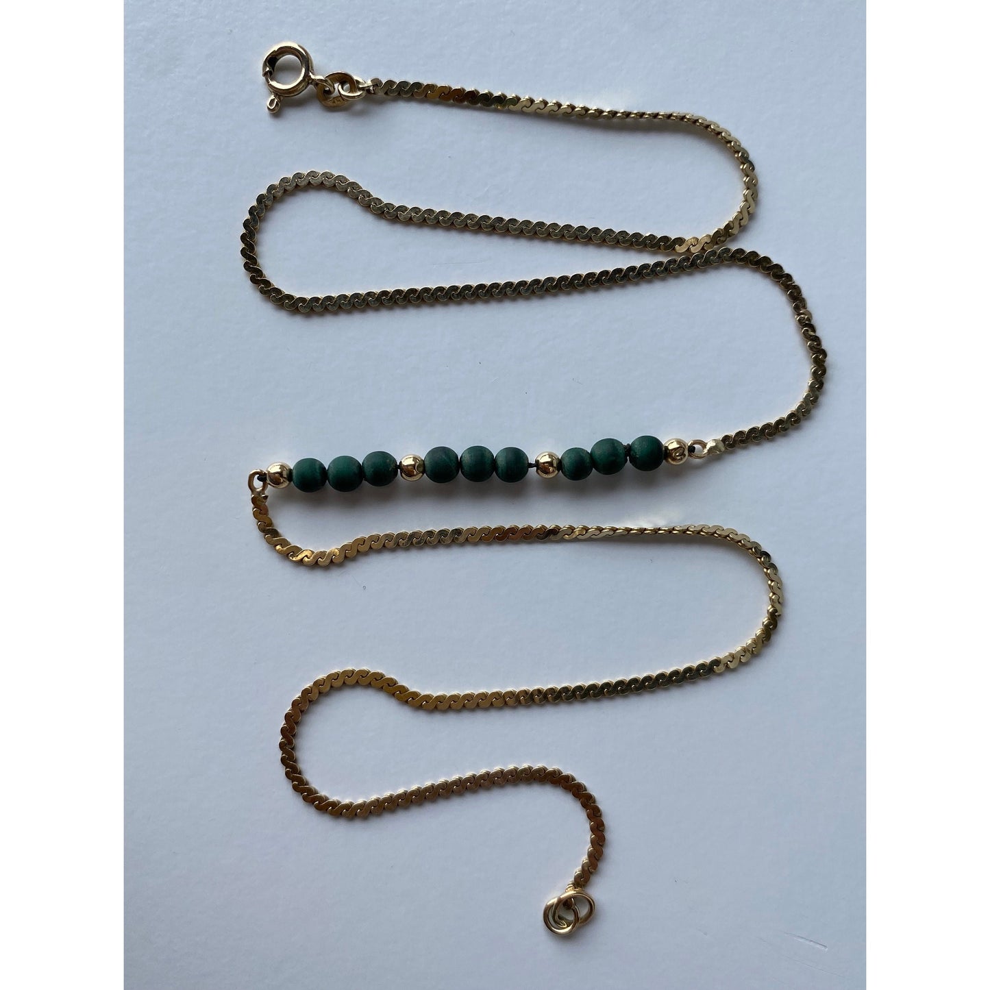Solid 14k Yellow Gold Raw Malachite Gold Bead Chunky Serpentine Chain Necklace - 18 inches