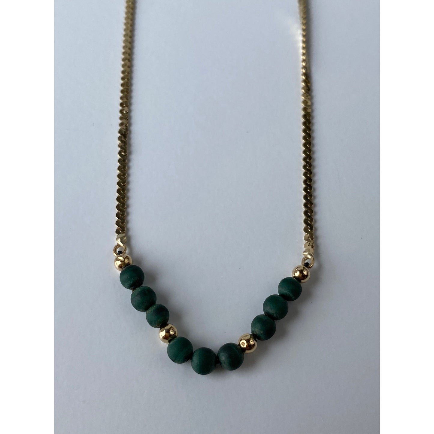 Solid 14k Yellow Gold Raw Malachite Gold Bead Chunky Serpentine Chain Necklace - 18 inches