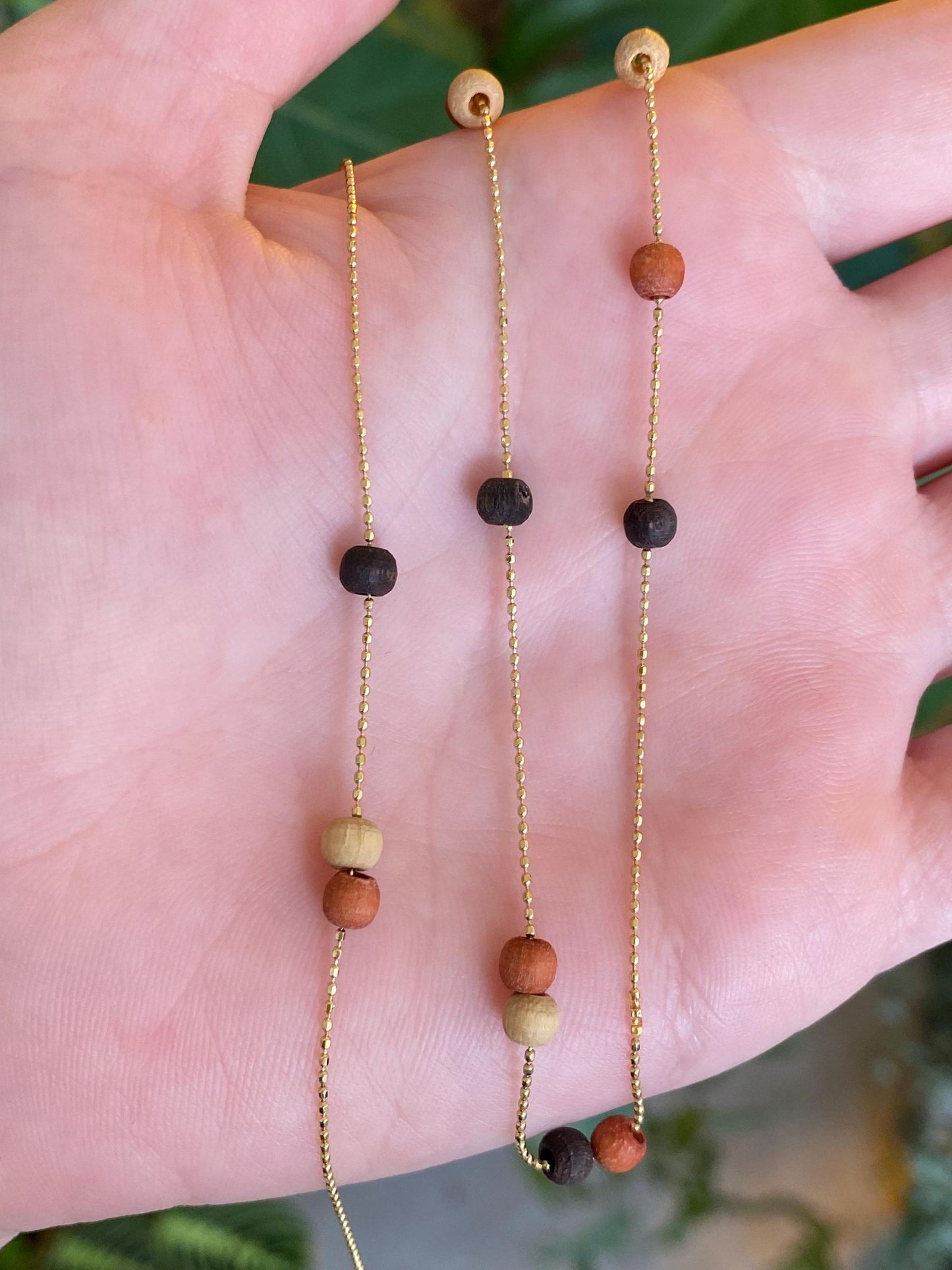 Vintage Solid 14k Yellow Gold Wooden Bead Dainty Ball Chain Necklace - 18 inches