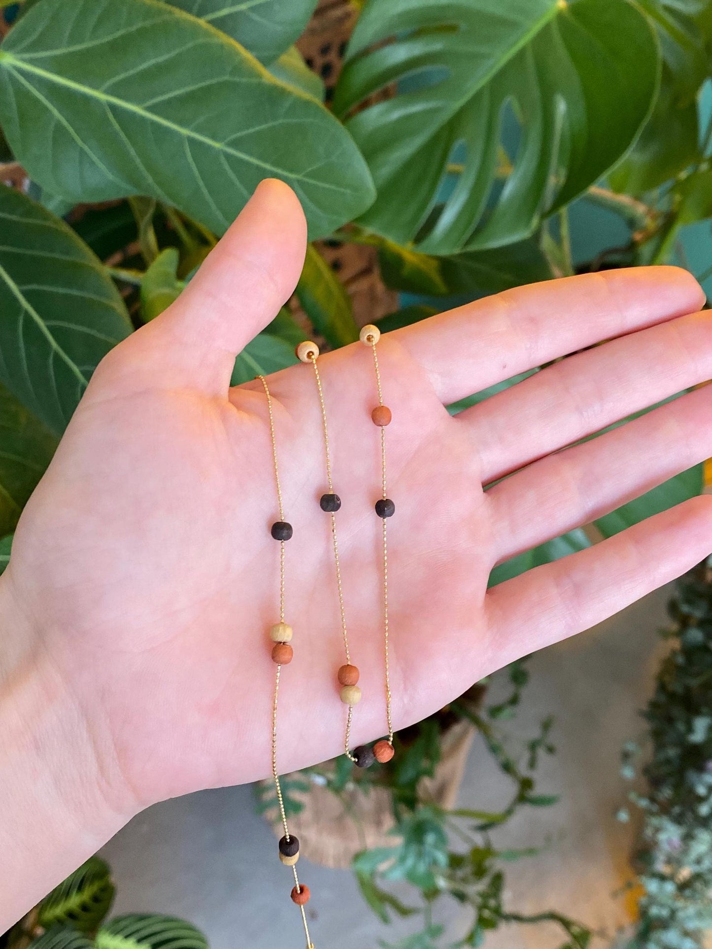 Vintage Solid 14k Yellow Gold Wooden Bead Dainty Ball Chain Necklace - 18 inches